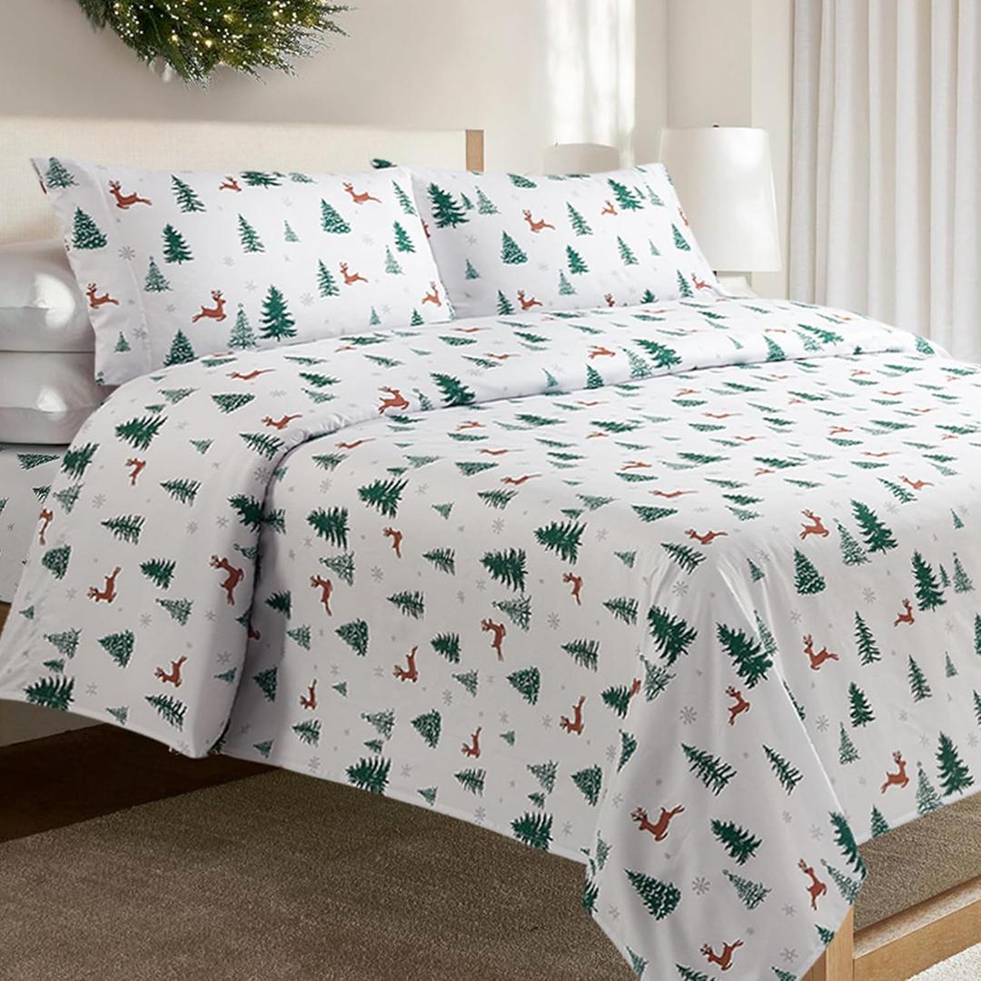 Sheet Set King Size 4PC Printed Bed Sheets Fawn Christmas Tree Soft Microfiber 15Deep Pocket Sheet Set, Easy Care, Breathable, Wrinkle Free, Machine Washable Bed Set