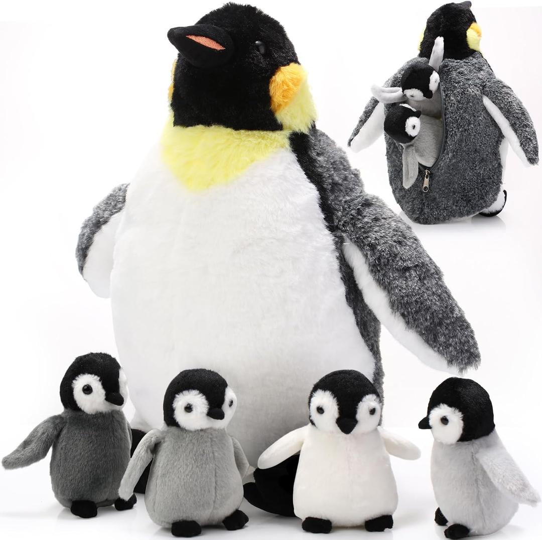 5 Pcs Stuffed Animal Penguin Plush Toy Set 14 Inch Mommy Penguin Stuffed Animal with 4 Cute Babies in Zippered Belly Soft Cuddly Plushie for Kids Gifts(Simple Style)