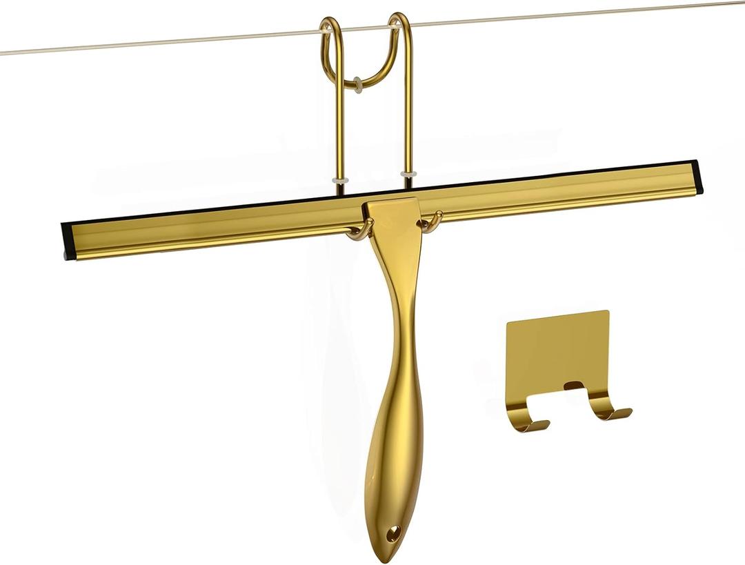 Shower Squeegee Set, 14-Inch Stainless Steel Squeegee, All-Purpose Squeegee for Bathroom, Shower Doors, Mirrors, Tiles, and Car Windows - 100% Streak Free, Includes Shower Door Hook and Adhesive Hook (Gold)