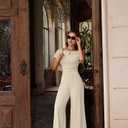 XXTAXN Women's Caual Fashion Crew Neck Short Sleeve Ruched Waist Backless Tie Wide Leg Long Pant One Piece Jumpsuit (S)