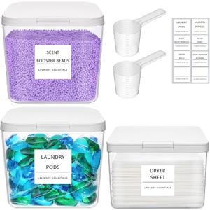 Lifewit 2+1 Laundry Pods Container & Dryer Sheet Holder, Large Powder Detergent Dispenser Storage Jars, Laundry Room Containers for Scent Booster Beads with Pop up Lids, Labels and Scoop