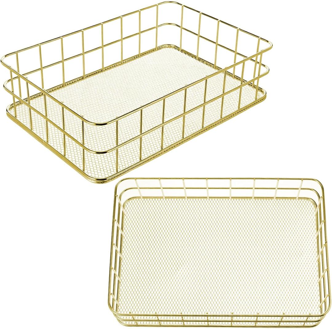 2 Pack Gold Metal Storage Baskets, Organizer Wire Mesh Desktop Decor Trays for Home, Office, Bathroom, Kitchen, Farmhouse Vanity 9.65x6.5x2.56 Inch