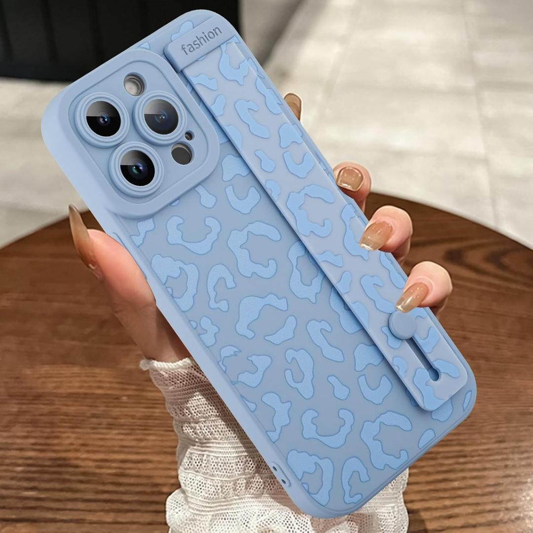MOWIME Compatible with iPhone 12 Pro Max Case with Strap Wrist, Cheetah Print Shockproof Soft TPU Protective Case for Women Girls, Slim Anti Scratch Case for iPhone 12 Pro Max 6.7 Inch, Blue