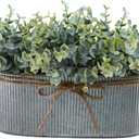 Winlyn Artificial Eucalyptus Arrangement in Rustic Oval Galvanized Metal Planter Box Faux Eucalyptus Bush Greenery Potted Plants for Farmhouse Indoor Home Office Table Centerpiece Kitchen Dcor