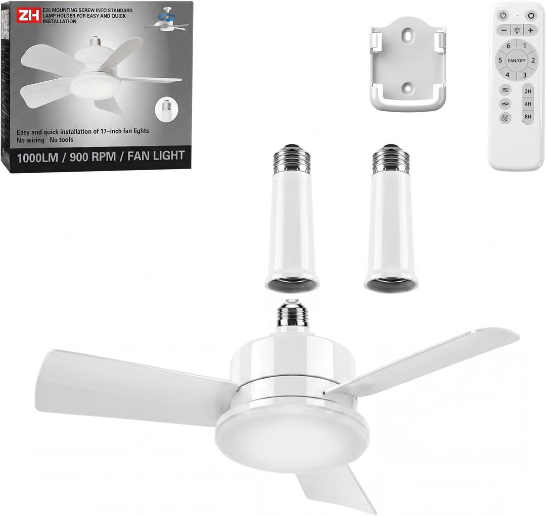 Socket Fan Light with Remote,3 Colors 3000K-6500K Dimmable LED Light Bulb Fan for E26/E27 Base,Small Ceiling Fan with Socket Extender,Screw in Small Ceiling Fan for Bedroom Living Room Kitchen,White