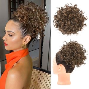 HOOJIH Curly Hair Bun, Messy Bun Hair Piece Elastic Drawstring Loose Wave Large Bun Extension Hairpiece Short Synthetic Ponytail Extension for Women - Dark Golden Brown (1 Pack)