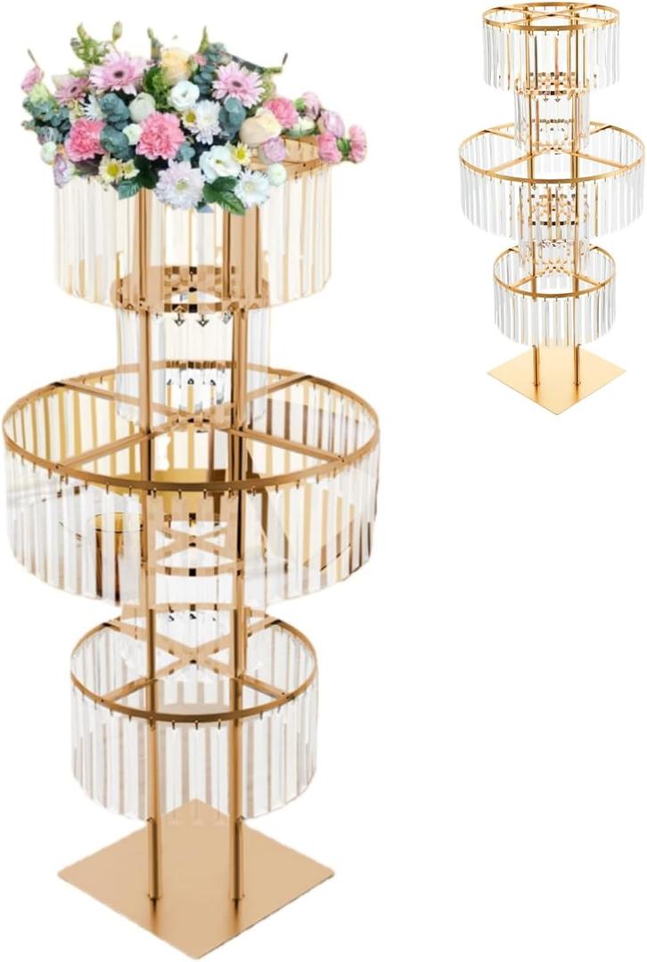 Crystal Vases for Centerpieces, Flower Stand with Hanging Crystals, 43.3" Gold Wedding Vase, 5 Tier Round Chandelier Pedestal Stand for Wedding Stage Flower Arrangement Decor (Gold, 1PC)