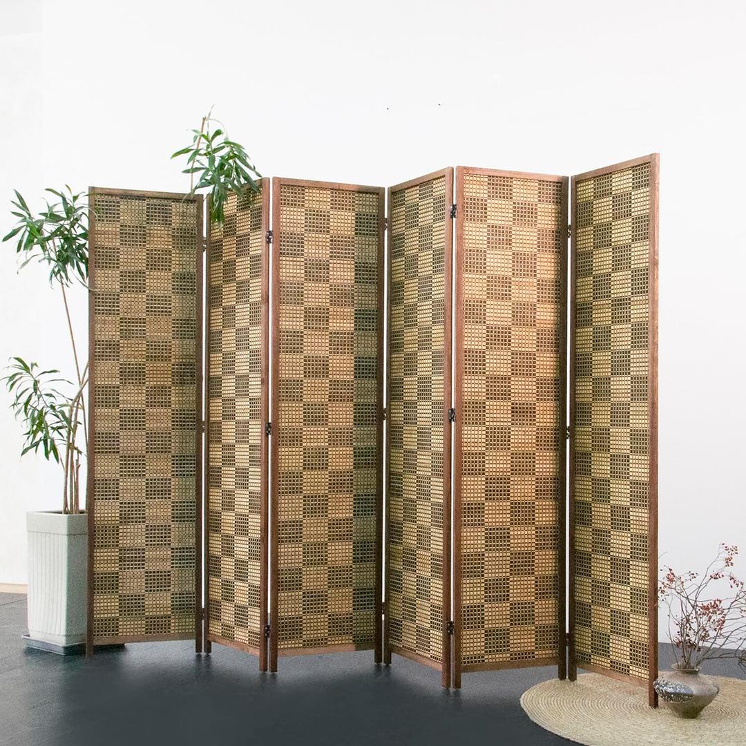 Furnnylane 6 Panel Bamboo Room Divider – 5.6 ft Tall Double-Sided Folding Privacy Screen, Freestanding Wall Partition for Home Office & Bedroom, Caramel Woven Texture, Easy Setup (67" H x 94.5" W)