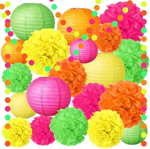 Riakrum 22 Pcs Neon Birthday Party Decorations Include 8 Colorful Paper Lanterns 12 Tissue Paper Pom Poms 2 Garlands for Wedding Bridal Shower Party Supplies