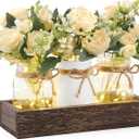 Mkono Mason Jar Lights Centerpiece Table Decor for Dining Room Farmhouse Wood Tray with 3 Jars Flowers Valentines Day Decoration for Coffee Table Kitchen Living Room Wedding (White)