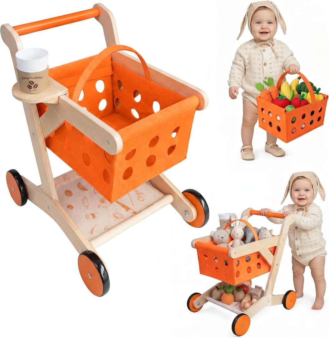 Wooden Baby Walker Shopping Cart for Toddlers, Orange Pretend Grocery Cart