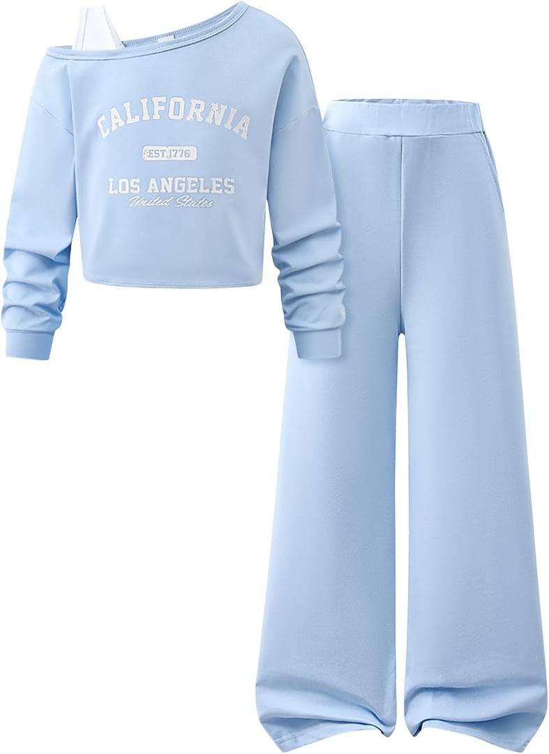 Tween Girls Clothes Off The Shoulder Sweatshirt and Wide Leg Sweatpants Sweatsuit Size 7-14 (Blue, S)