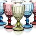 Youeon Set of 6 Colored Wine Goblets, 10 Oz Wine Glasses Set with Embossed Pattern, Colored Wine Glasses Vintage Glassware for Party, Wedding, Bar, Wine, Juice, Beverage, 3 Colors (Pink, Green, Blue)