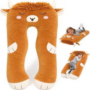 47x23 inch U Shaped Long Plush Body Pillows for Kids, Stuffed Animal Highland Cow Soft Large Pillow for Sleeping, Big Cute Plushies, Washable Cover, Gift for Boys and Girls, 47"L x 32"W x 6"H