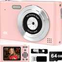 Digital Camera, 44MP Full HD 1080P Point and Shoot Camera with 64GB Card, Anti Shake 16X Zoom Compact Volg Cameras, Portable Small Digicam Gift for Kids, Ages Teen Girl Boy - Pink