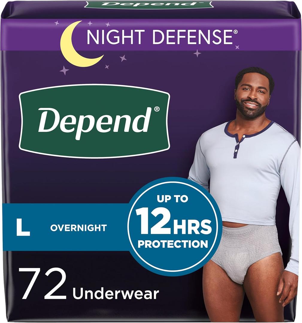 Depend Night Defense Adult Incontinence Underwear for Men, Disposable, Overnight, Large, Grey, 72 Count, Packaging May Vary