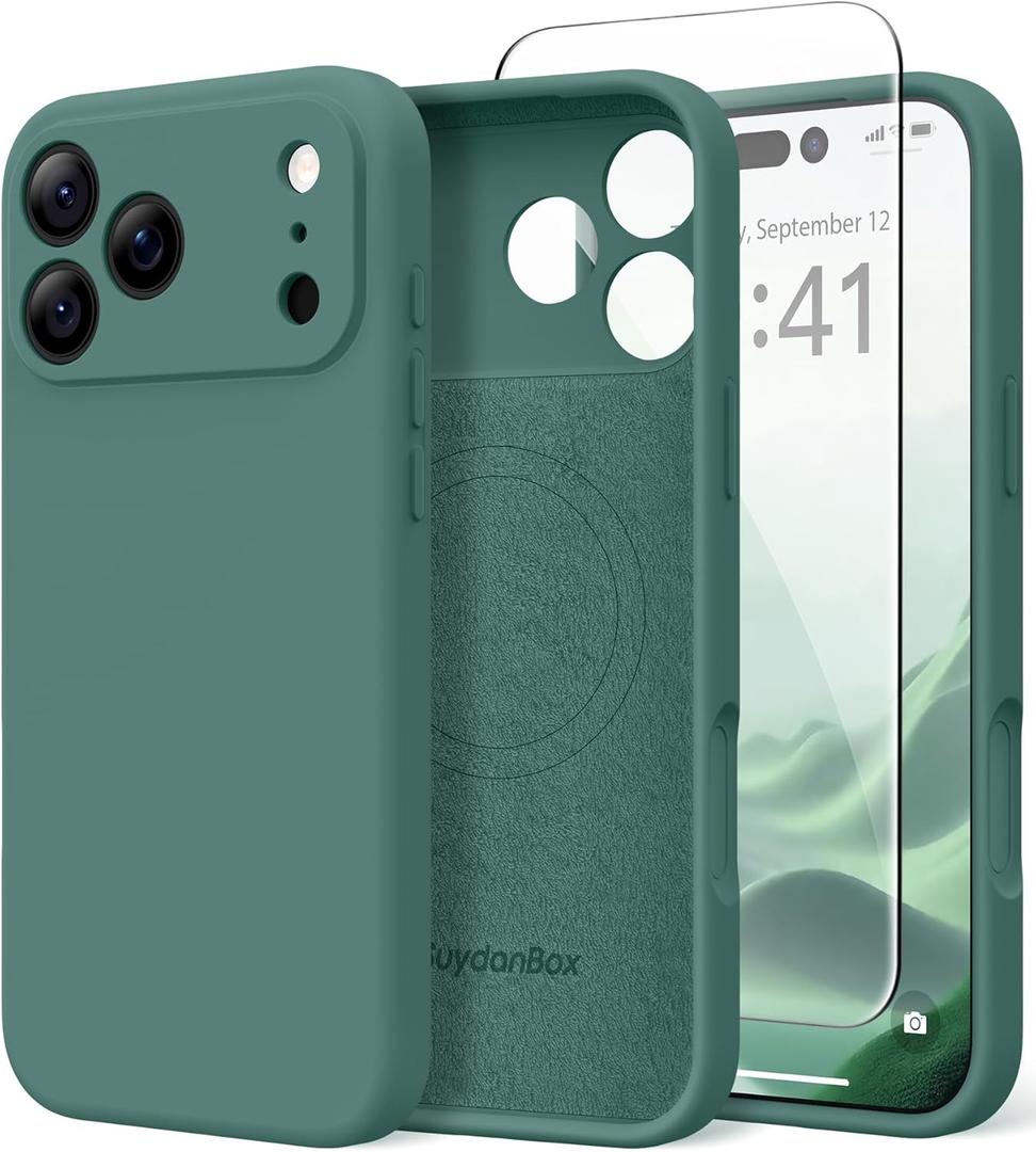 SuydanBox Magnetic for iPhone 17 Pro Max Case, Compatible with MagSafe, [Full Camera Protection][Screen Protector] Silicone Shockproof Protective Phone Case for iPhone 17 Pro Max 6.9", Midnight Green