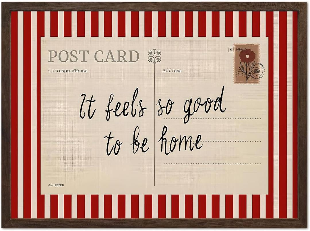 Vintage It Feels so Good to be Home Wall Art Mid Century Positive Quote Postcard Decor Picture, Trendy It's so Good to be Home Striped Poster Canvas Print 16x24 inch Walnut Wood Framed