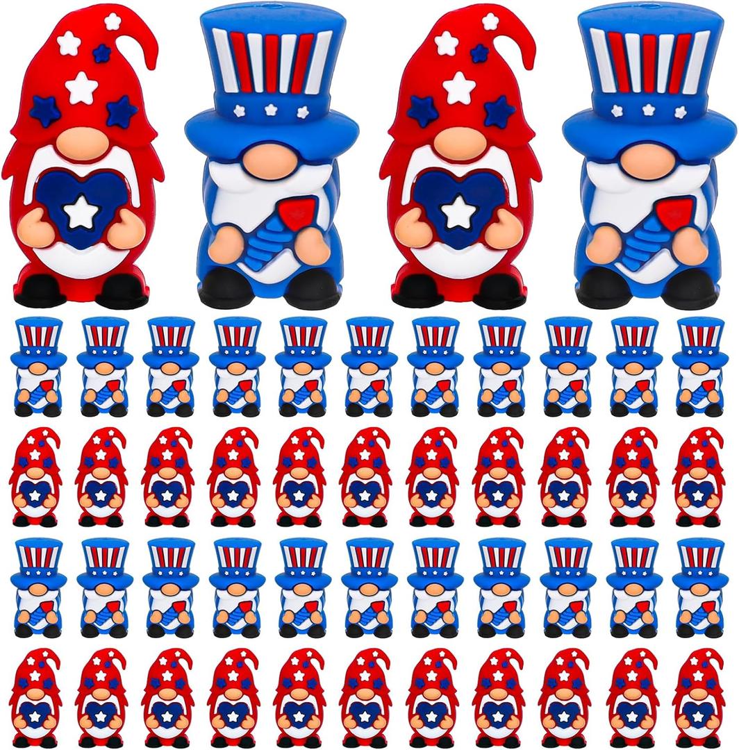 50 Pcs 4th of July Mini Patriotic Gnomes Figurines Red Blue Gnomes Figures Tiny Miniatures Statue Independence Day Veterans Figurines Gifts for Memorial Day Crafts Home Classroom Table Decor