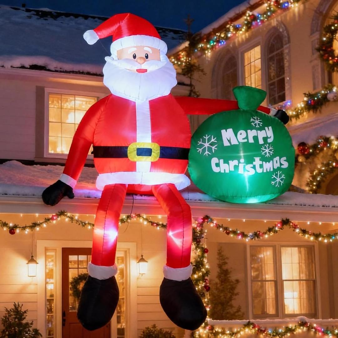 8 FT Christmas Inflatables Outdoor Decorations, Santa Claus with Gift Bag, LED Lighted Blow Up IP68 Weatherproof Sitting Santa Xmas Indoor Outdoor Decor for Yard Garden Lawn Mall Party Holiday