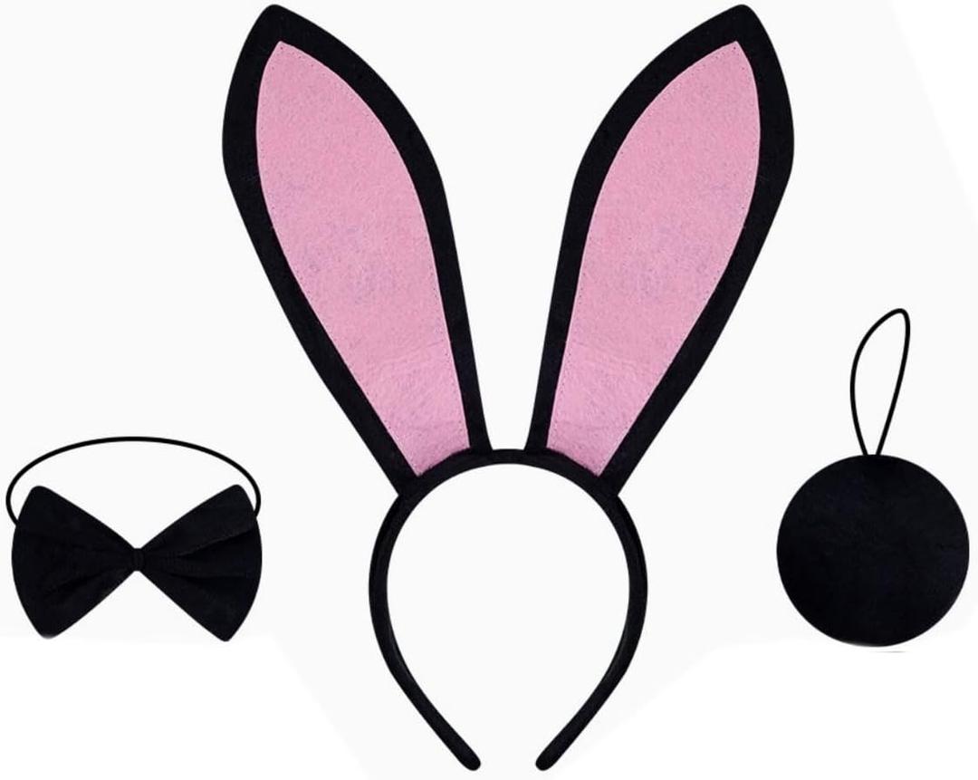 Kirei Sui Bunny Rabbit Headband Bowtie Tail Costume Accessories Halloween Dress Up for Kids and Adults (Black)