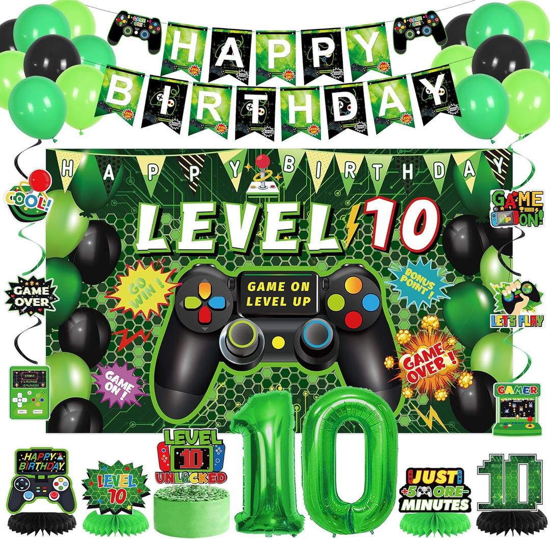 Vlipoeasn Green 10th Birthday Decorations for Boys, Video Game Level 10 Banner Backdrop Honeycomb Centerpieces Hanging Swirls for 10th Birthday Party, Gamer 10 Years Old Party Supplies