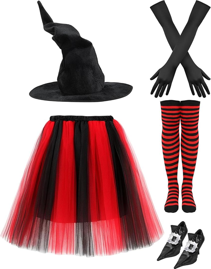 Halloween Witch Cosplay Costume for Women Witch Hat Layered Puffy Tutu Skirts Striped Tights Shoe Cover Gloves