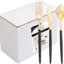 I00000 144 PCS Black Silverware Set, Plastic Silverware with Black Handle, Gold Plastic Cutlery Includes: 48 Forks, 48 Knives and 48 Spoons for Party or Dinner& Wedding