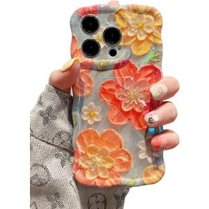 EYZUTAK Case for iPhone 15 Pro, Colorful Retro Oil Painting Flower Laser Glossy Cute Curly Wave Edge Case Stylish Durable Soft TPU Protective Phone Cover for Girl Women - Pink Flower/Green