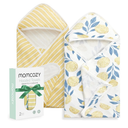 Momcozy Baby Hooded Towel, 2 Pack Baby Towel Set, Super Soft Bath Towel with Original Design, Shower Gifts for Infant, Toddler (28 X 28 Inch, Lemon Leaves)