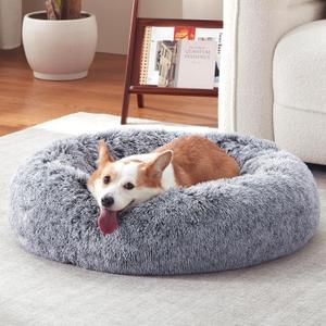 Donut Dog Bed Medium Size Dog 30 Inch, Round Cat Beds for Small Medium Dogs and Cats with Washable Fluffy Faux Fur, Cute Comfort Pet Bed with Anti-Slip Bottom, Grey