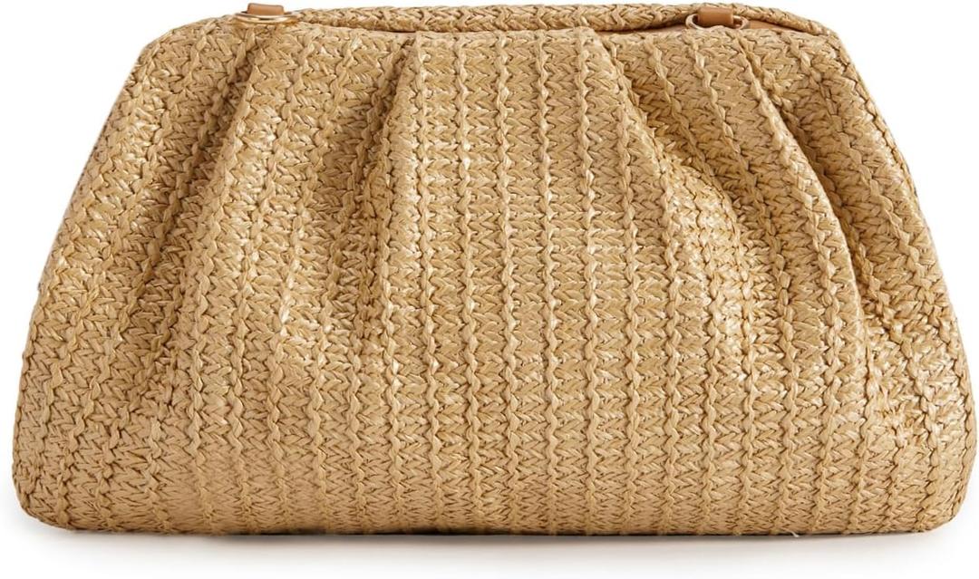Huralona Women Straw Woven Clutch Purse Pleated Handbag for Summer Beach Vacation Straw Shoulder Crossbody Bag