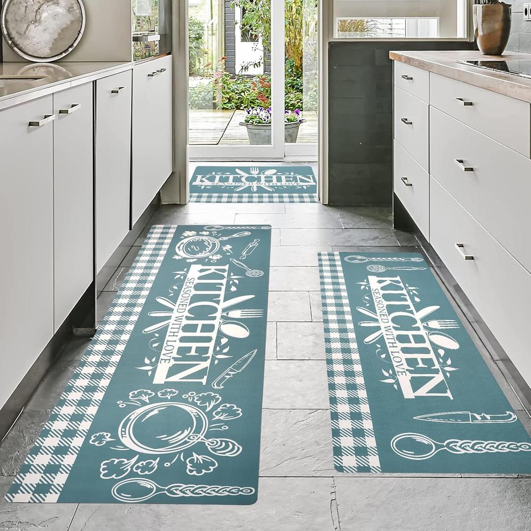 Kitchen Mats for Floor with Grid Design, Farmhouse 3 Piece Washable Absorbent Runner Rugs Non Slip Cushioned Kitchen Mat Comfort Rug Set for Kitchen, Floor, Office (17*30+17*47+17'*59", Turquoise)