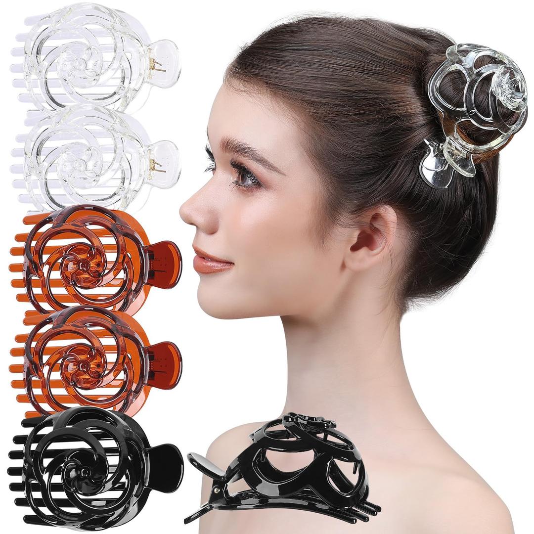 RC ROCHE 6 Pcs Bun Makers for Womens Hair Claw Clip for Updos Bird Nest Ballet Ballerina Piece French Round Holder Net Donut Shell Dome, Medium Black, Brown & Clear