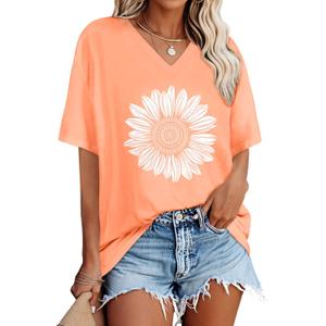 Oversized Tshirts for Women V Neck Short Sleeve Summer Casual Basic Loose Tops 2026 (Orange, XL)