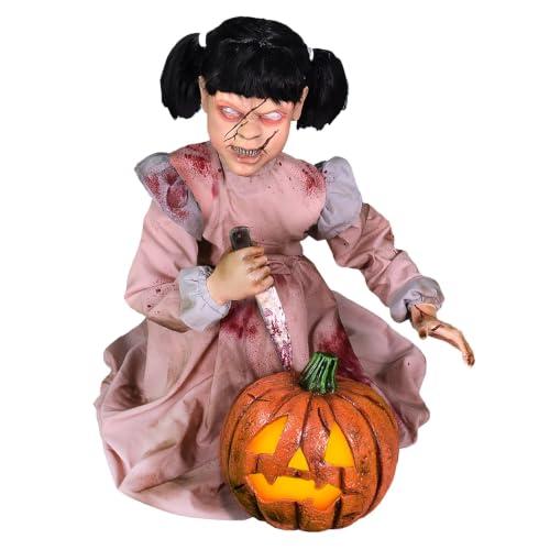 Haunted Hill Farm Lunging Pumpkin Carver Zombie Girl by Tekky, Motion-Activated Talking Halloween Animatronic for Indoor or Covered Outdoor Creepy Halloween Decorations, Plug-in or Battery Operated