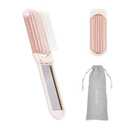 RHOS Folding Brush with Mirror for Women, Girls - Mini Hair Brush for Purse, Small Pocket Brush with Soft Nylon Bristles and Mirror for Travel (Beige)