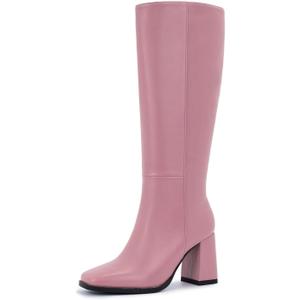 Knee-High Boots for Women - Wide Calf Boots with Zipper, Square Toe Tall Leather Boots, Chunky Heel Fashion Long Boots (Pink)