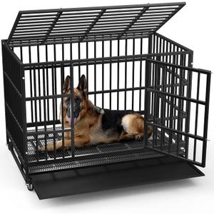 LEMBERI 48/38 inch Heavy Duty Indestructible Dog Crate, Escape Proof Dogs Cage Kennel with Lockable Wheels,High Anxiety Double Door Kennel,Extra Large Crate Indoor for Large Dog with Removable Tray (47.2"L x 30.7"W x 36.0"H, Black)