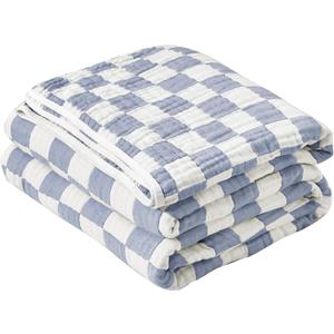 6-Layer Gauze Muslin Blanket 100% Cotton Blue Checkerboard King Size 90"x104" Cooling Throw Blanket Lightweight Soft and Breathable Cozy Blanket Bed Coverlet Both Sides (Blue Checkerboard, King)