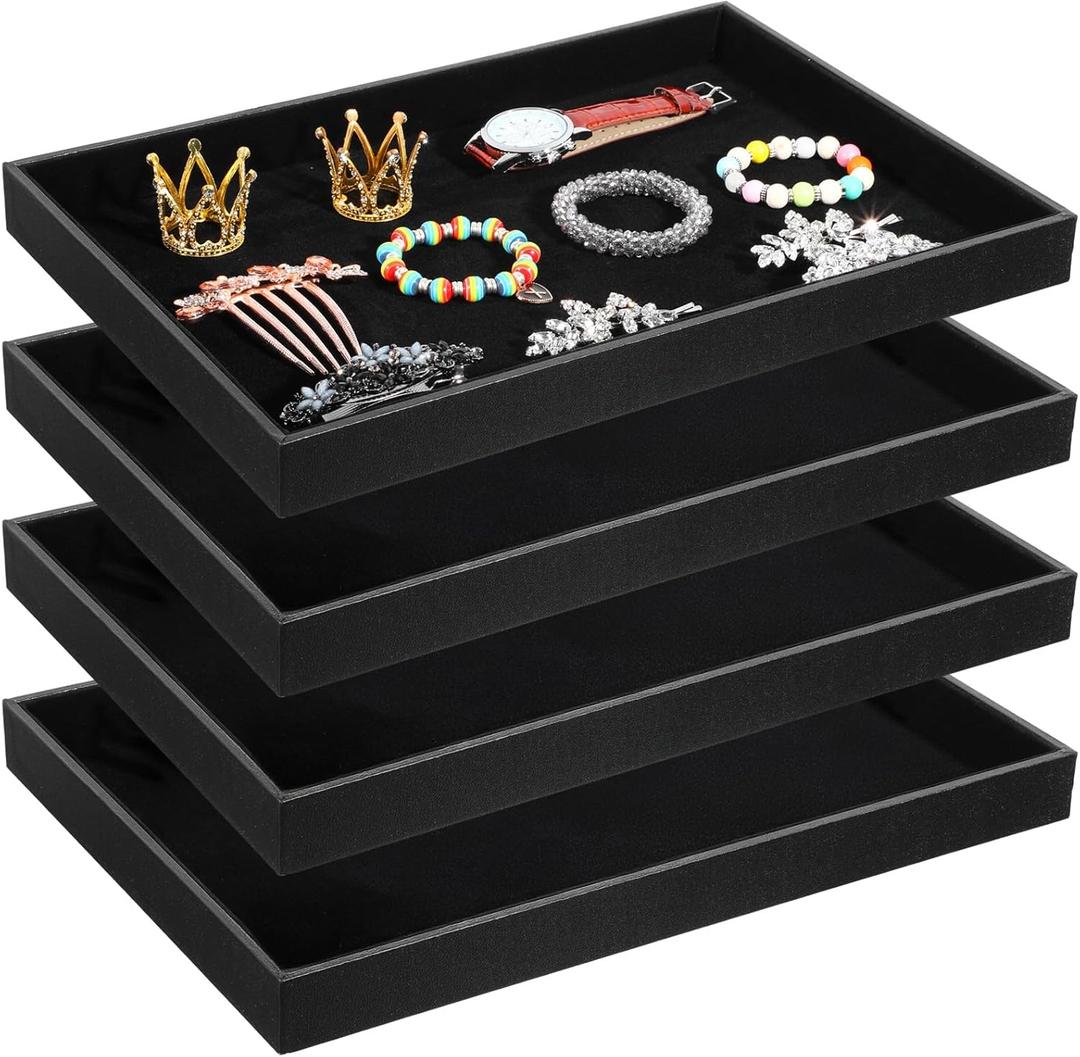 4 Pack Black Velvet Stackable Jewelry Tray Showcase Display - 13.78 x 9.45 x 1.18 Inch, Stackable Necklace Bracelet Ring Showcase Display Empty Plate for Necklace Earring Ring Bracelet