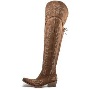 Atuelang Cowboy Boots for Women Thigh High Cowgirl Boots Wide Calf Western Embroidered Over The Knee Boots (6, Brown)