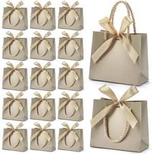 EQOREIIN 50 Pack Small Gift Bags with Handles, Champagne Mini Bag,5.5x 2.5x4.7 Inches Small Thank You Gift Bags Bulk with Ribbon for Party Favors, Mother's Day, Goodie, Weddings, Baby Shower (Champagne)