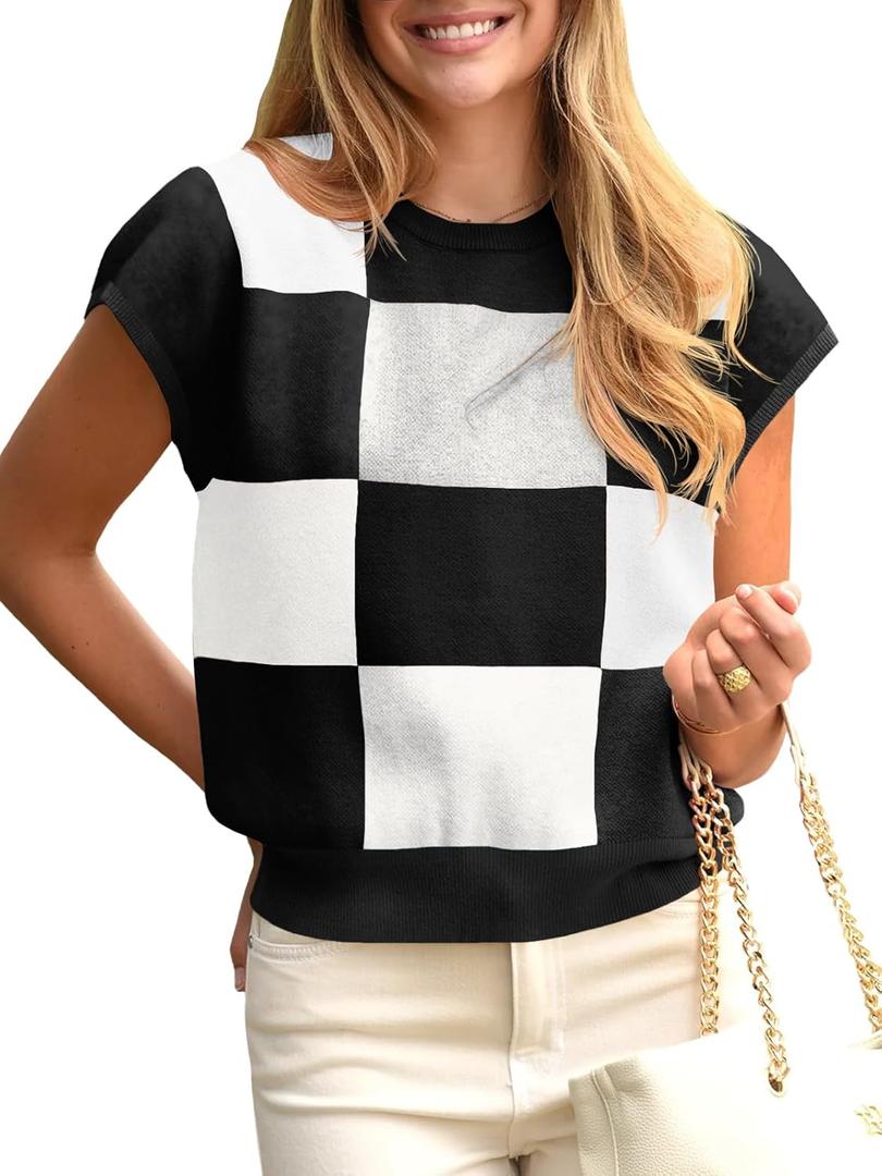 Saodimallsu Womens Short Sleeve Sweater Top Summer Color Block Lightweight Knit Crewneck Going Out Pullover Tops (Large, Black)