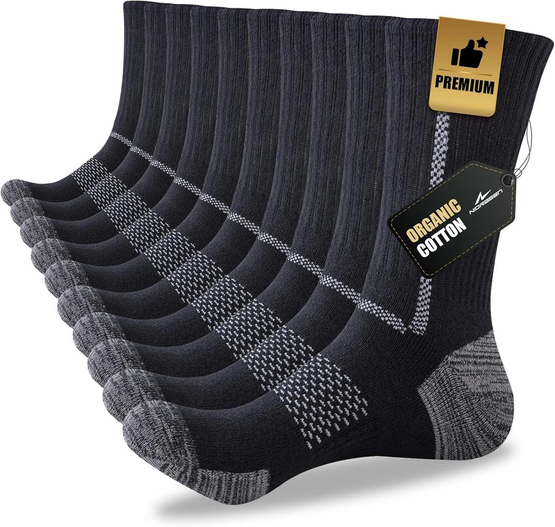 Niorasen Men's Cotton Crew Work Socks, 5 Pairs Cushioned Boot Socks, Moisture Wicking Athletic Socks for Hiking Sports Running 13-15 (Carbon Black)