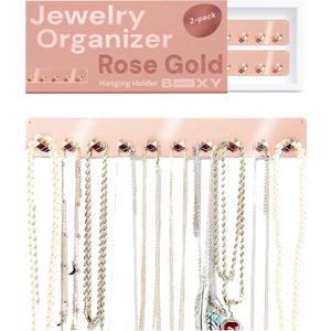 Boxy Concepts Necklace Holder Organizer - 2-Pack Rose Gold 10.5 x 1.5 in Wall Mount Hanging Rack - 10 Hooks for Necklaces, Earrings & Keys - Jewelry Storage - Adhesive & Screw Installation