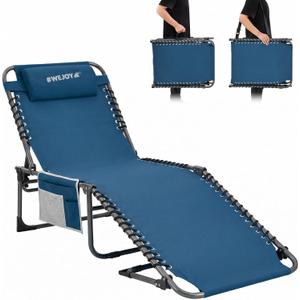 #WEJOY Folding Lounge Chair Outdoor, 5-Position Adjustable Sunbathing Tanning Chair with Shoulder Strap & Side Pocket, Heavy Duty Reclining Chair for Patio Pool Camping, Portable Folding Bed Cot,Blue, Oversized