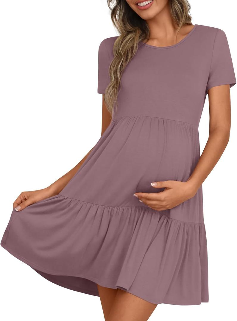 Women's Maternity Summer Short Sleeve Dresses Ruffle Tiered Swing Loose Fit Pregnancy Dress, M, Russet Red