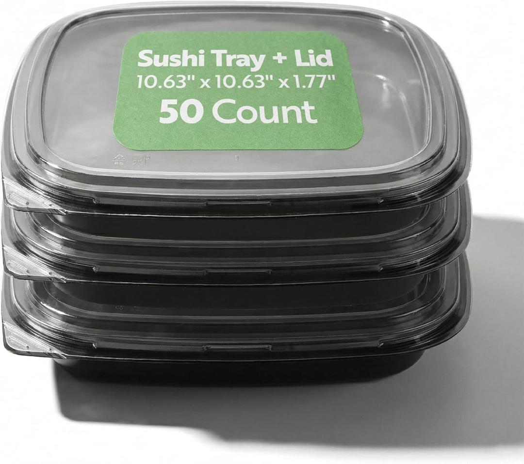 Restaurantware Sushi Containers, Pack Of 50 Plastic Disposable Square Sushi Storage Containers, Sushi Containers With Lids For Meal Prep Take Out, Stackable Black Food Containers With Clear Lids (10 3/4" x 10 3/4" x 1 3/4", Gold)