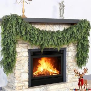 Christmas Cedar Garland Artificial Realistic Real Touch Soft and Thickness Greenery Faux Cedar Pine Garlands for Home Fireplace Table Mantel Indoor Outdoor Holiday Party Xmas Winter Decoration9FT